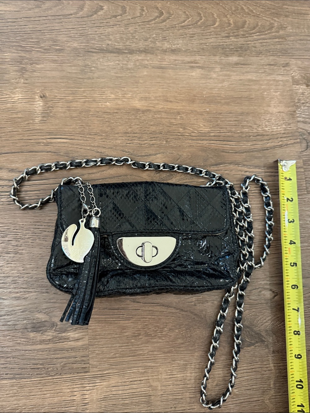 PURE Black Quilted Patent Crossbody Bag with Chain Strap